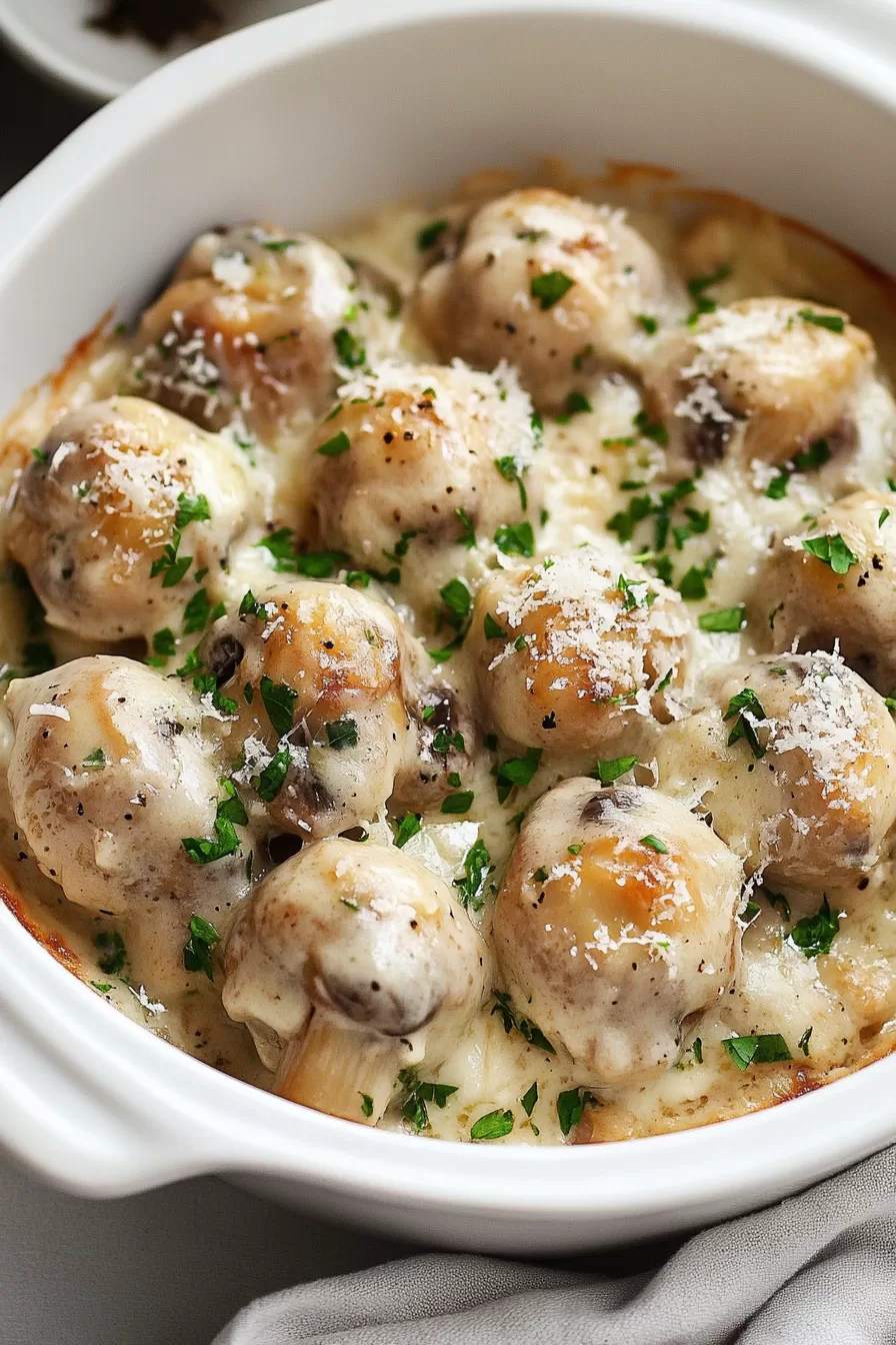 Golden brown garlic mushrooms swimming in a cheesy parmesan sauce, ready to serve.