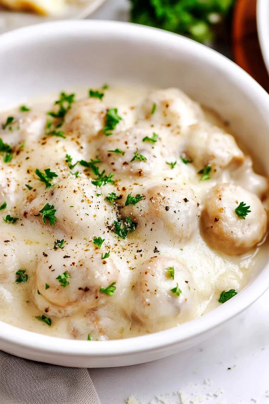 Deliciously tender mushrooms cooked in a creamy parmesan and garlic sauce, presented in a white skillet.