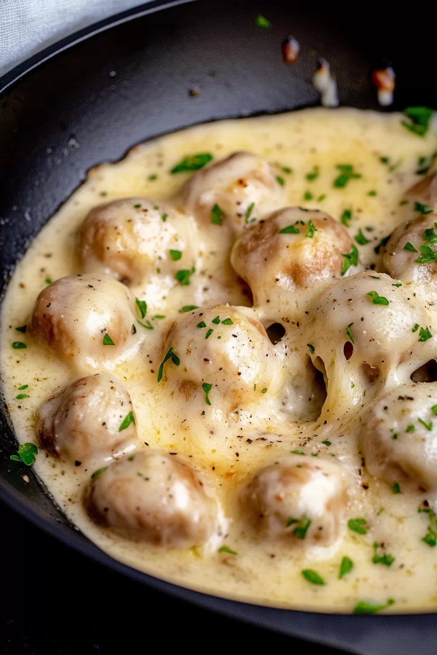 A comforting dish of garlic mushrooms with melted parmesan, garnished with a sprinkle of parsley.