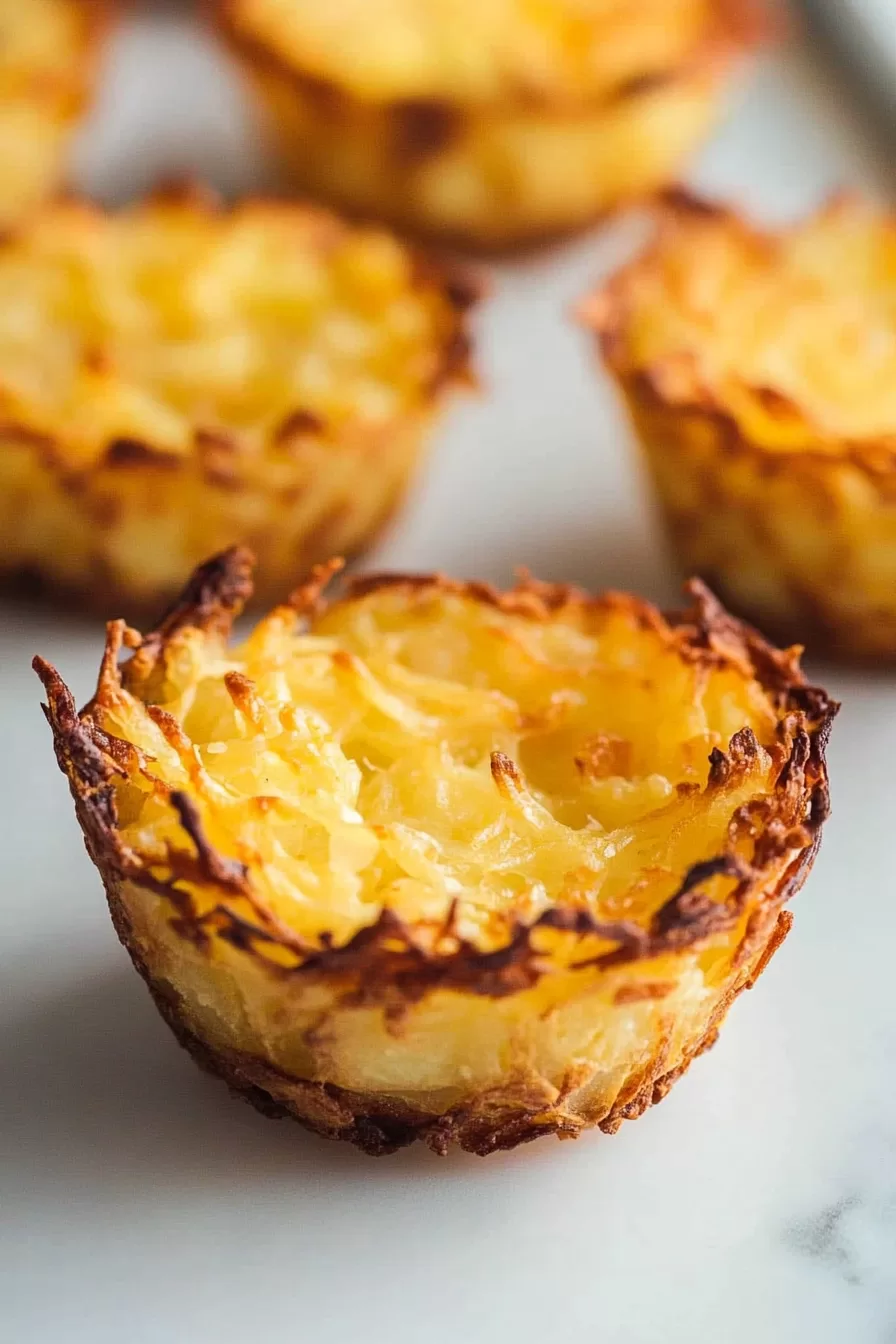 Close-up of individual hashbrown breakfast cups on a white plate, topped with a sprinkle of fresh chives for garnish.