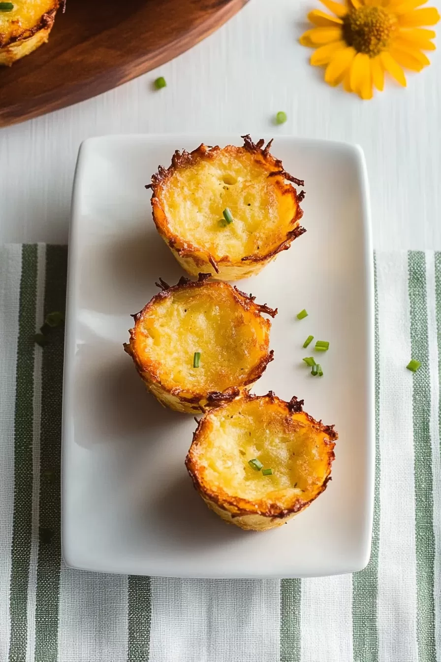 Golden brown hashbrown cups freshly baked to perfection, their crispy edges beautifully browned and inviting.