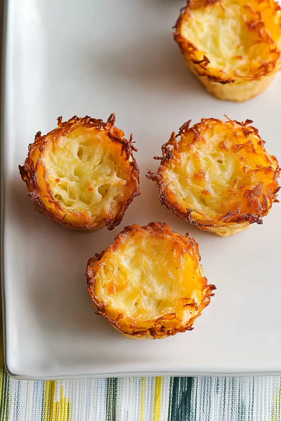 Overhead shot of a trio of hashbrown breakfast cups neatly arranged, highlighting their crispy texture and golden hue.