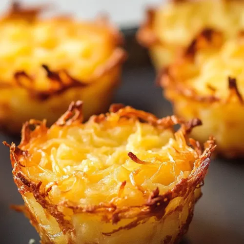 A baking tray filled with golden hashbrown breakfast cups, freshly taken out of the oven and ready to serve.