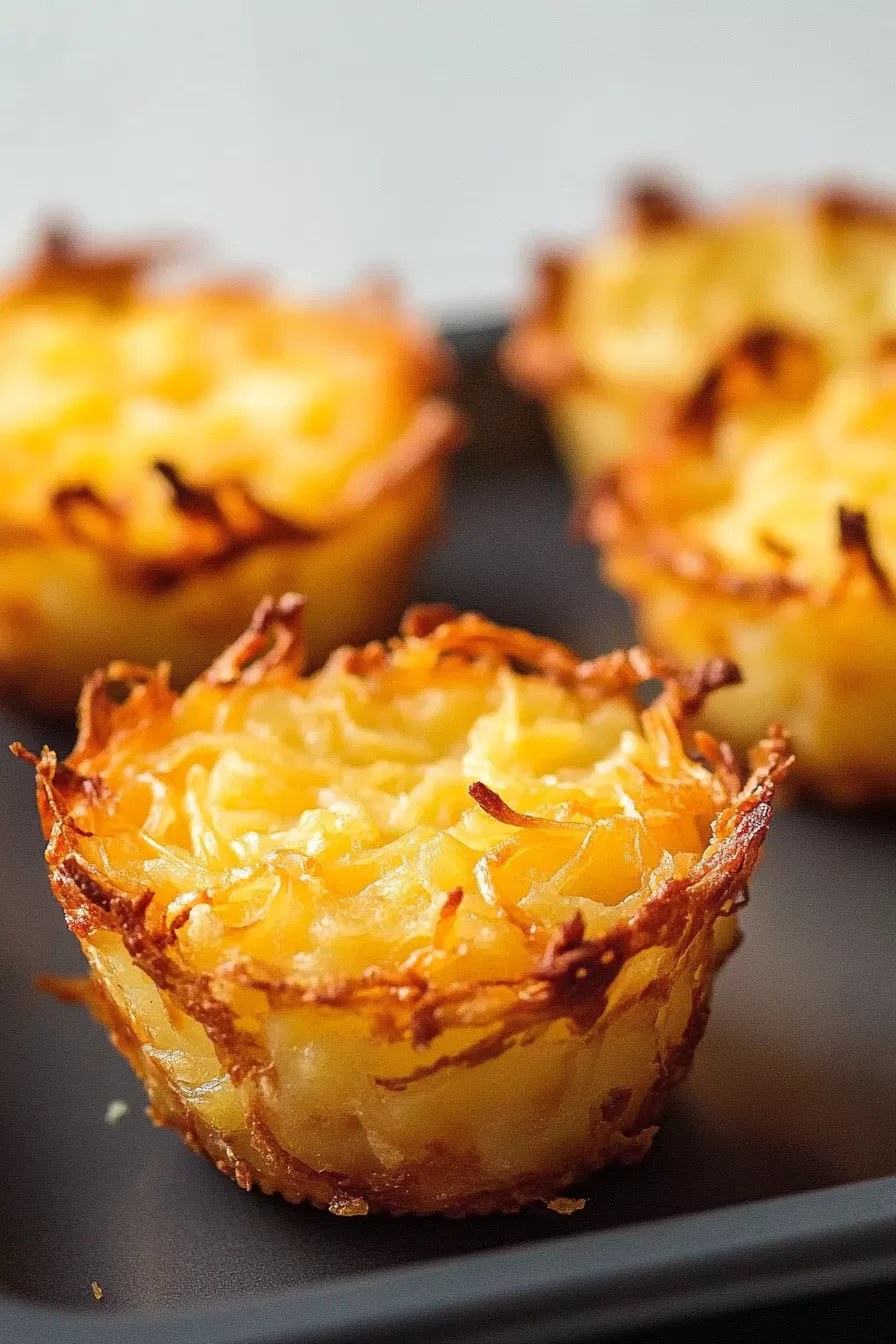 A baking tray filled with golden hashbrown breakfast cups, freshly taken out of the oven and ready to serve.