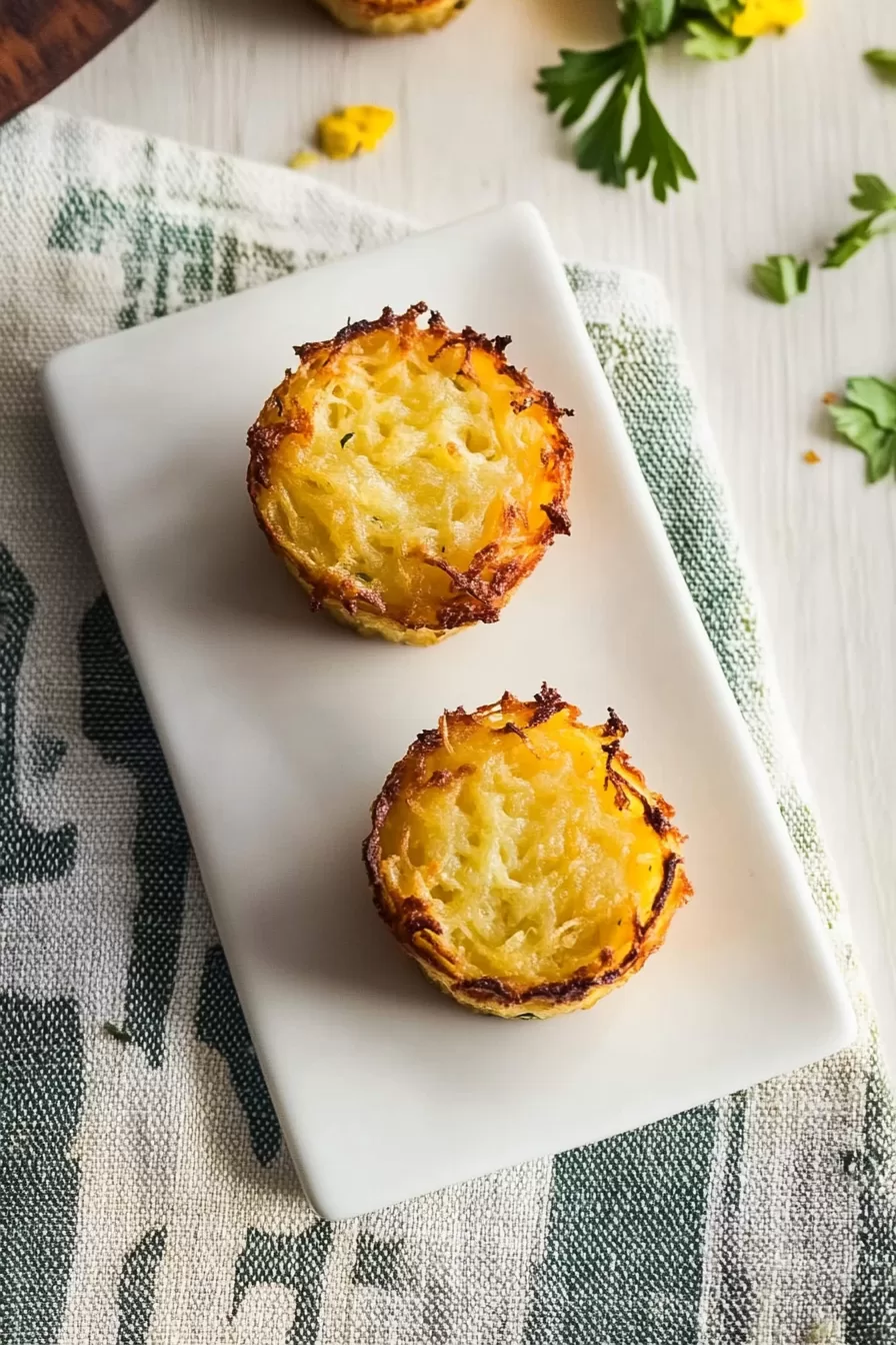 Two golden hashbrown breakfast cups displayed on a white dish with subtle garnish, perfect for a cozy breakfast setting.