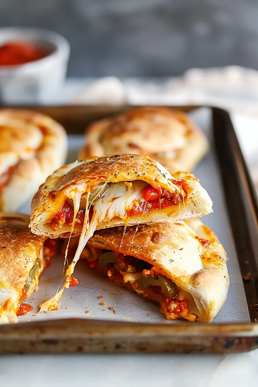 A close-up of crispy pizza dough encasing gooey cheese and flavorful toppings, served fresh.