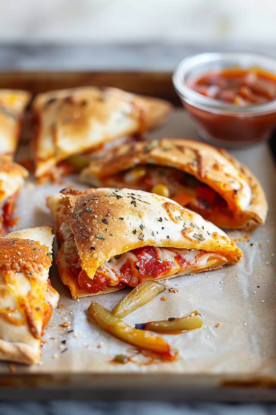 Freshly baked turnovers with a flaky crust, revealing a vibrant and savory filling inside.