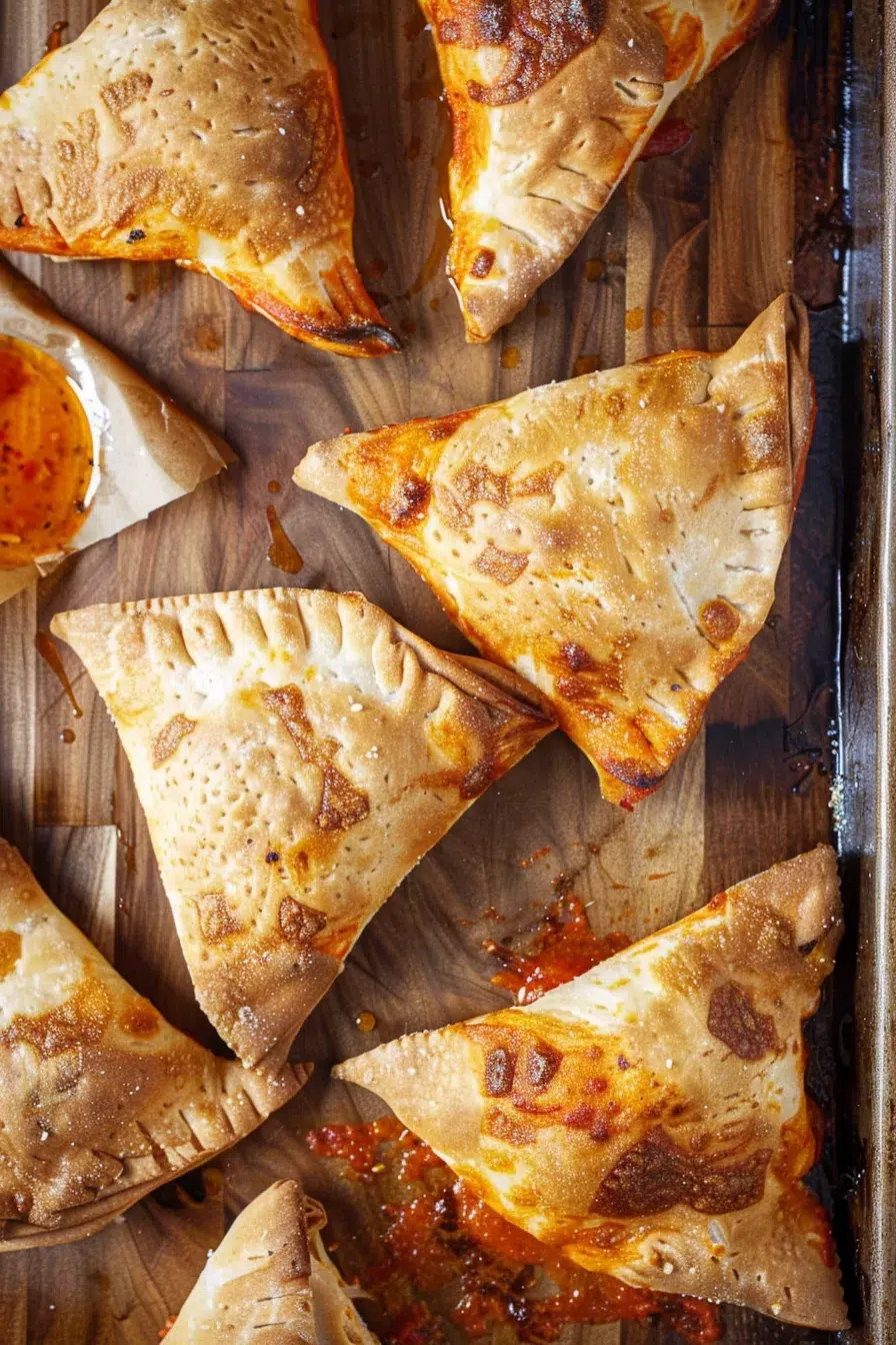 Golden-brown baked pockets filled with melted cheese and rich tomato sauce, oozing deliciousness.