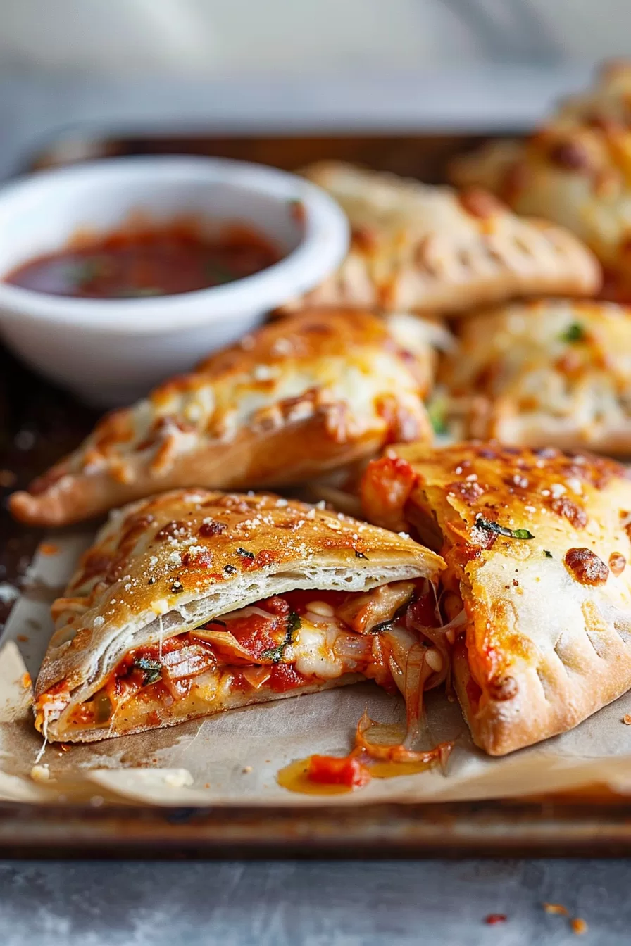 An inviting tray of cheesy, sauce-filled pastries, perfect for a snack or quick meal.