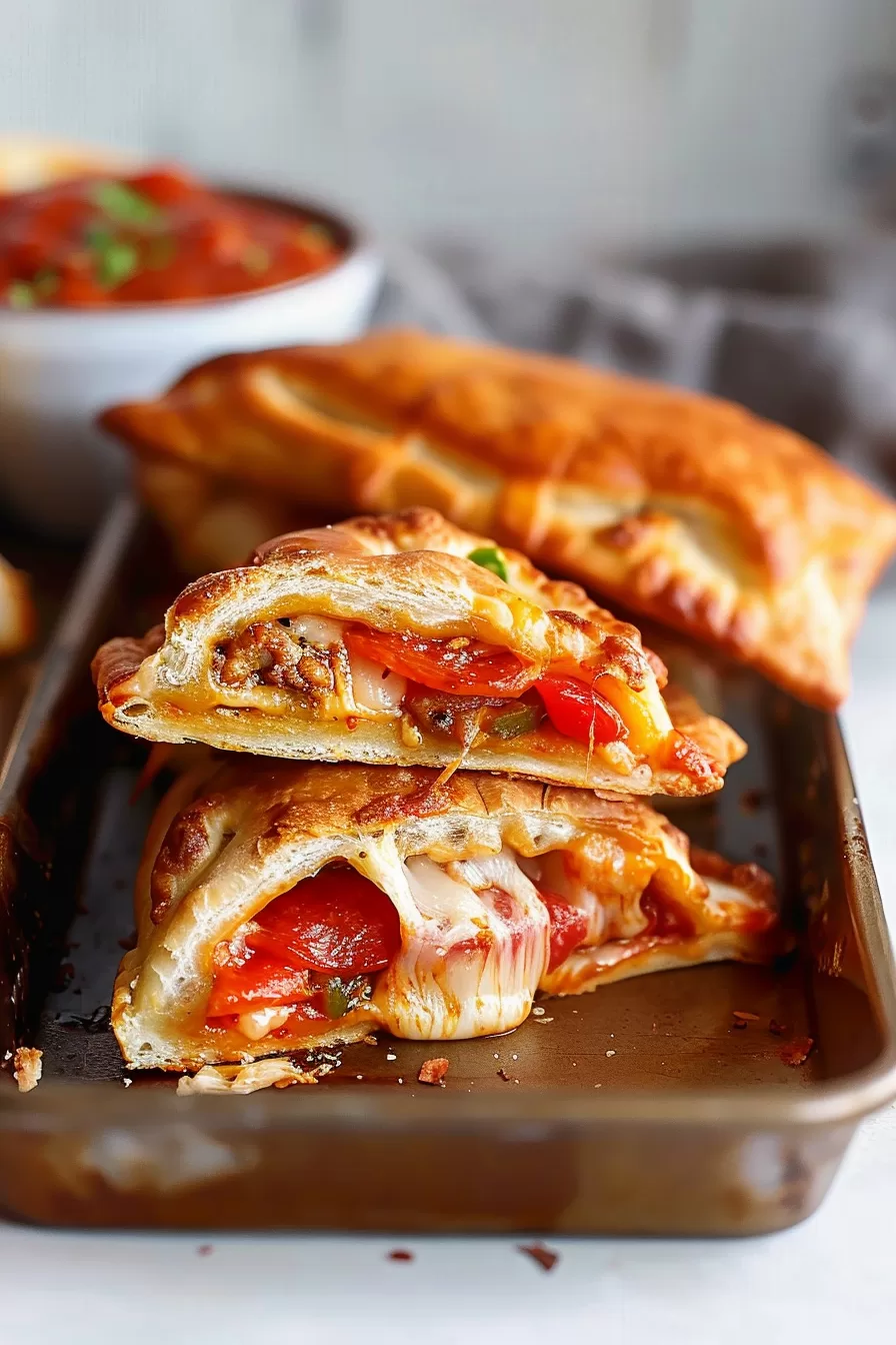 Crispy hand-held pockets showcasing a medley of colorful ingredients and melted cheese.