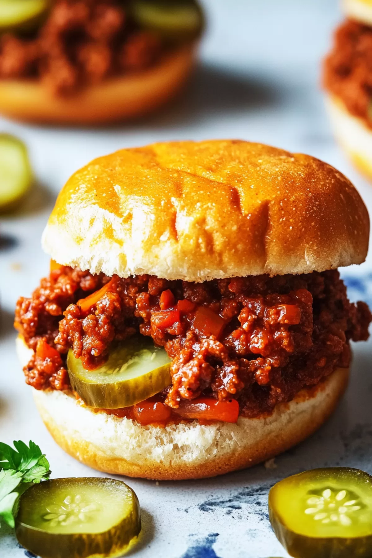 Juicy meat mixture piled onto a bun, garnished with fresh herbs for extra flavor.