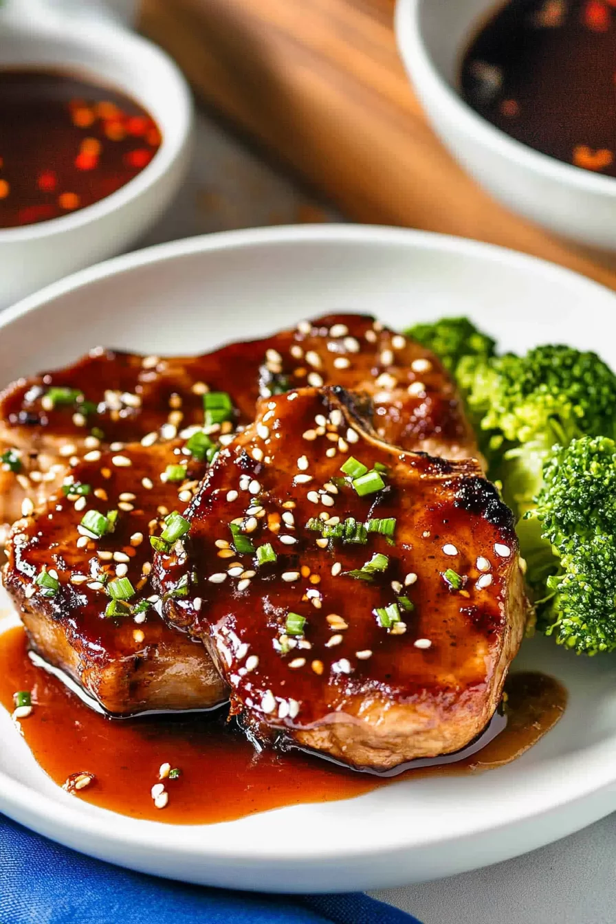 Close-up of honey garlic pork chops glazed in a savory sauce, garnished with sesame seeds and fresh green onions, served with broccoli.