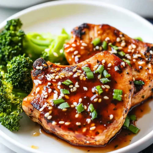 Honey garlic pork chops topped with sesame seeds and green onions, served on a white plate with a drizzle of sauce and fresh vegetables.