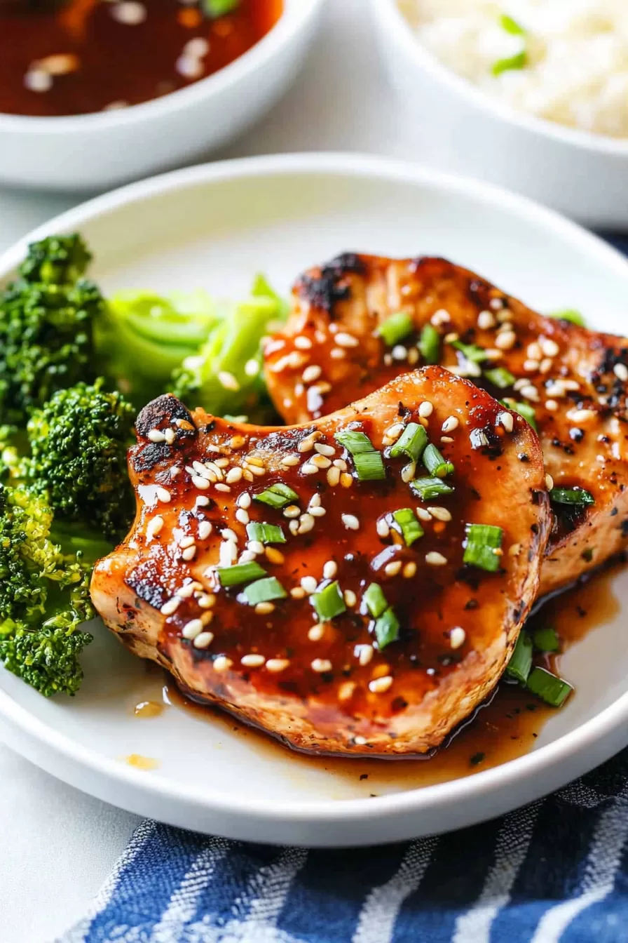 Honey garlic pork chops topped with sesame seeds and green onions, served on a white plate with a drizzle of sauce and fresh vegetables.