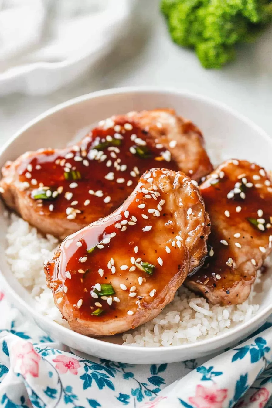 Golden-brown honey garlic pork chops with a thick, caramelized glaze, paired with steamed broccoli and fluffy rice.