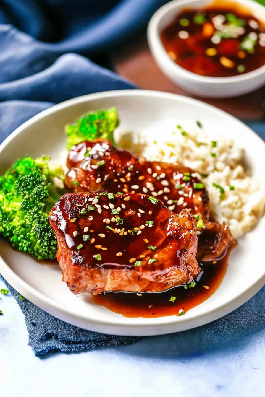 Juicy pork chops glistening with honey garlic sauce, garnished with sesame seeds and scallions, ready to be served with a side of rice and broccoli.