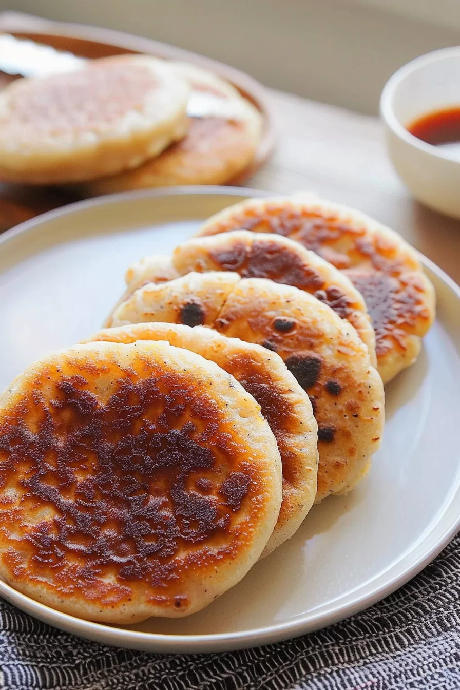 A plate of hotteok arranged neatly, highlighting their even browning and fluffy texture, with a bowl of syrup in the background.