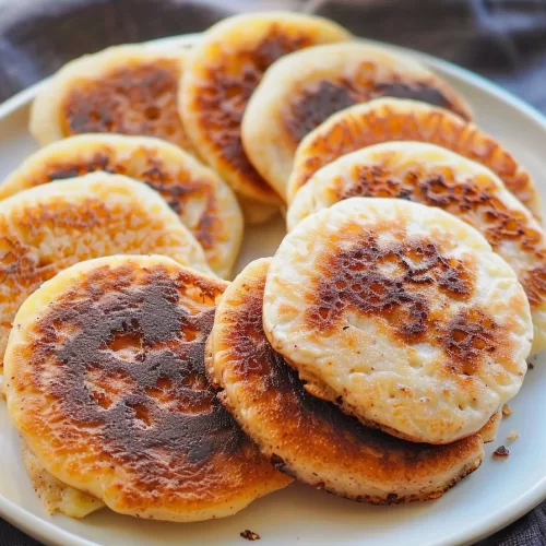 Close-up of perfectly cooked Korean sweet pancakes, their lightly browned surface glistening, placed on a serving plate.