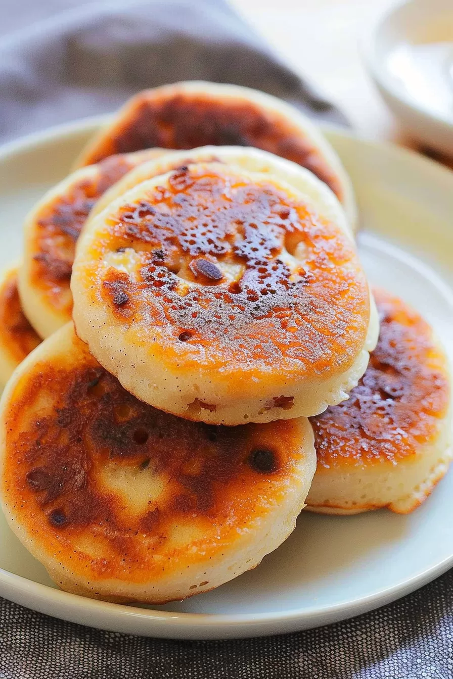 A beautifully plated dish of hotteok, their golden surfaces invitingly crisp, with a soft, chewy interior visible.