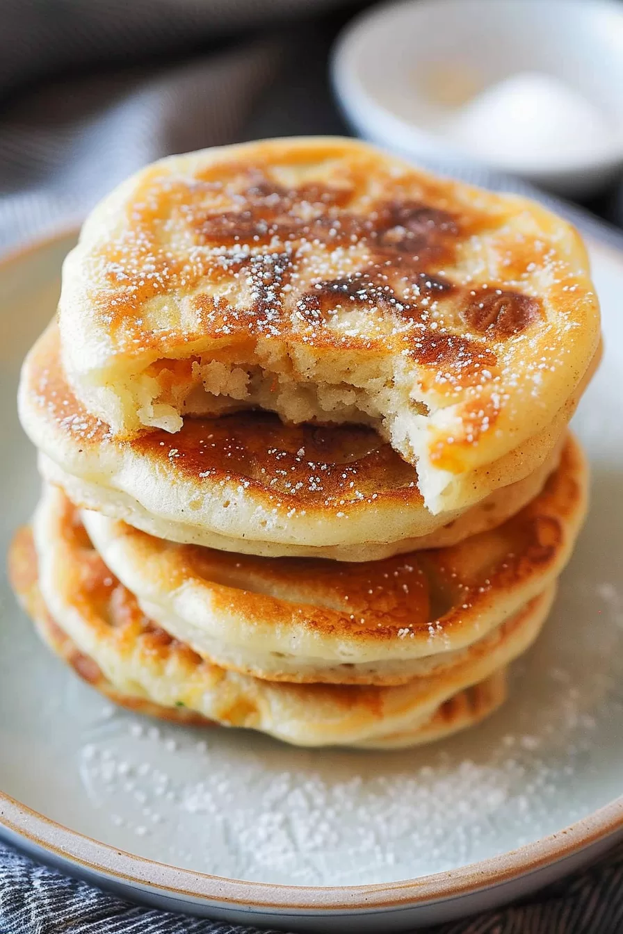 Hotteok stacked on a plate, one pancake partially bitten to reveal the gooey, sweet filling inside, dusted with powdered sugar.