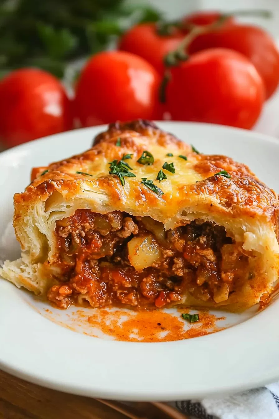 Close-up of a slice of Italian Crescent Casserole on a white plate, showcasing the flaky crust and hearty filling.