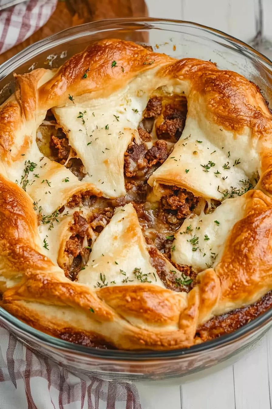 Top view of a baked Italian Crescent Casserole, highlighting the braided crust and bubbling cheese.