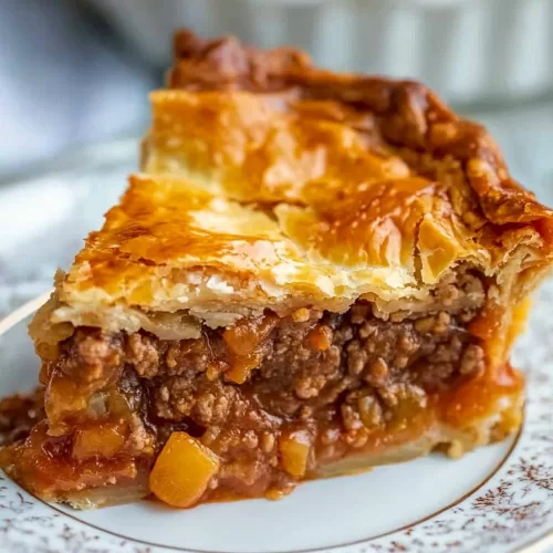 Individual slice of Italian Crescent Casserole, filled with savory meat and tomato sauce, on a decorative plate