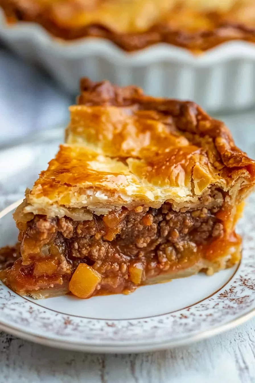 Individual slice of Italian Crescent Casserole, filled with savory meat and tomato sauce, on a decorative plate