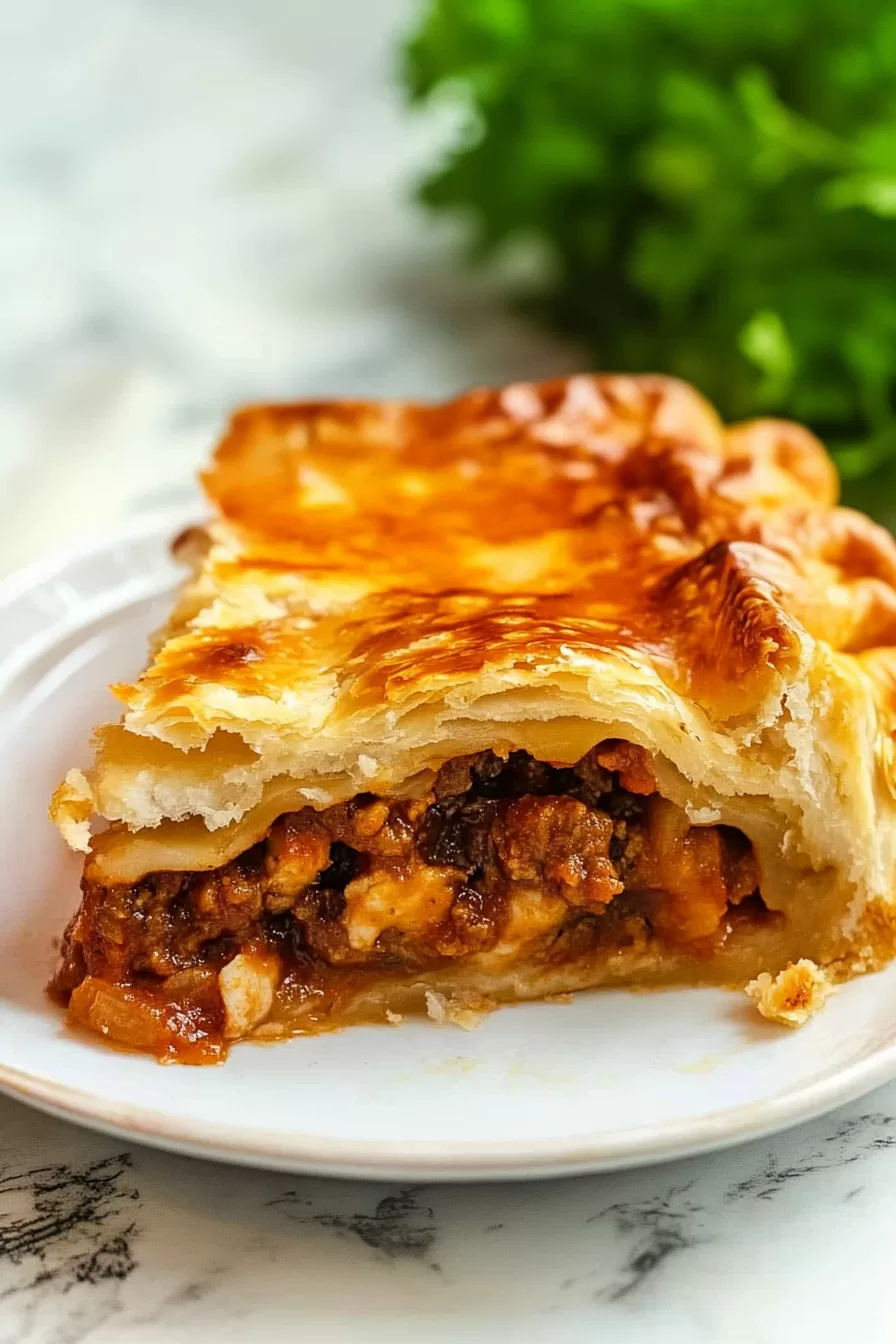 A hearty serving of Italian Crescent Casserole on a white plate, with a side of fresh parsley for presentation.