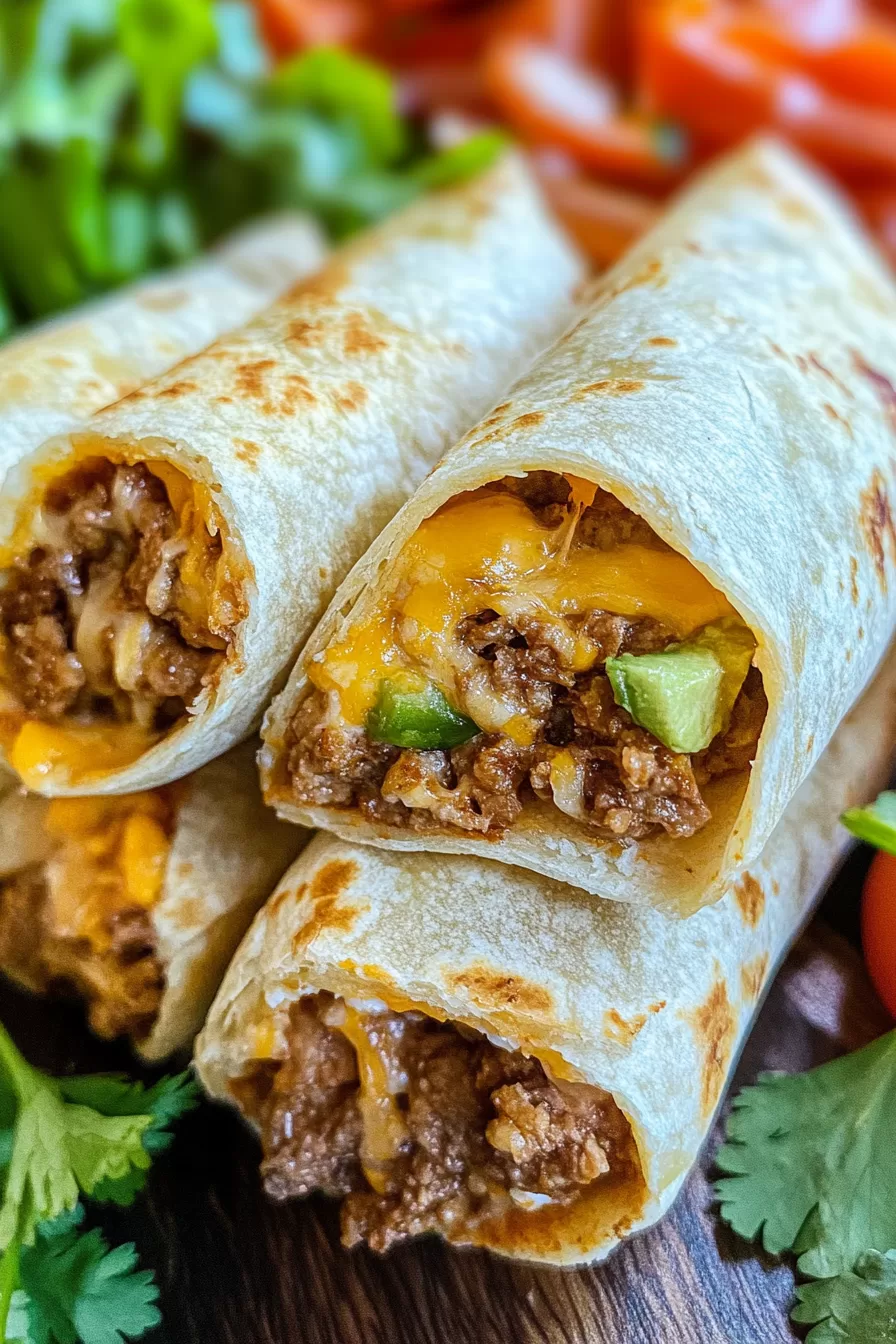 A stack of golden, grilled taco pockets filled with savory meat and gooey cheese, surrounded by fresh vegetables.