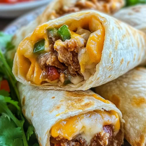 A stack of golden, grilled taco pockets filled with savory meat and gooey cheese, surrounded by fresh vegetables.