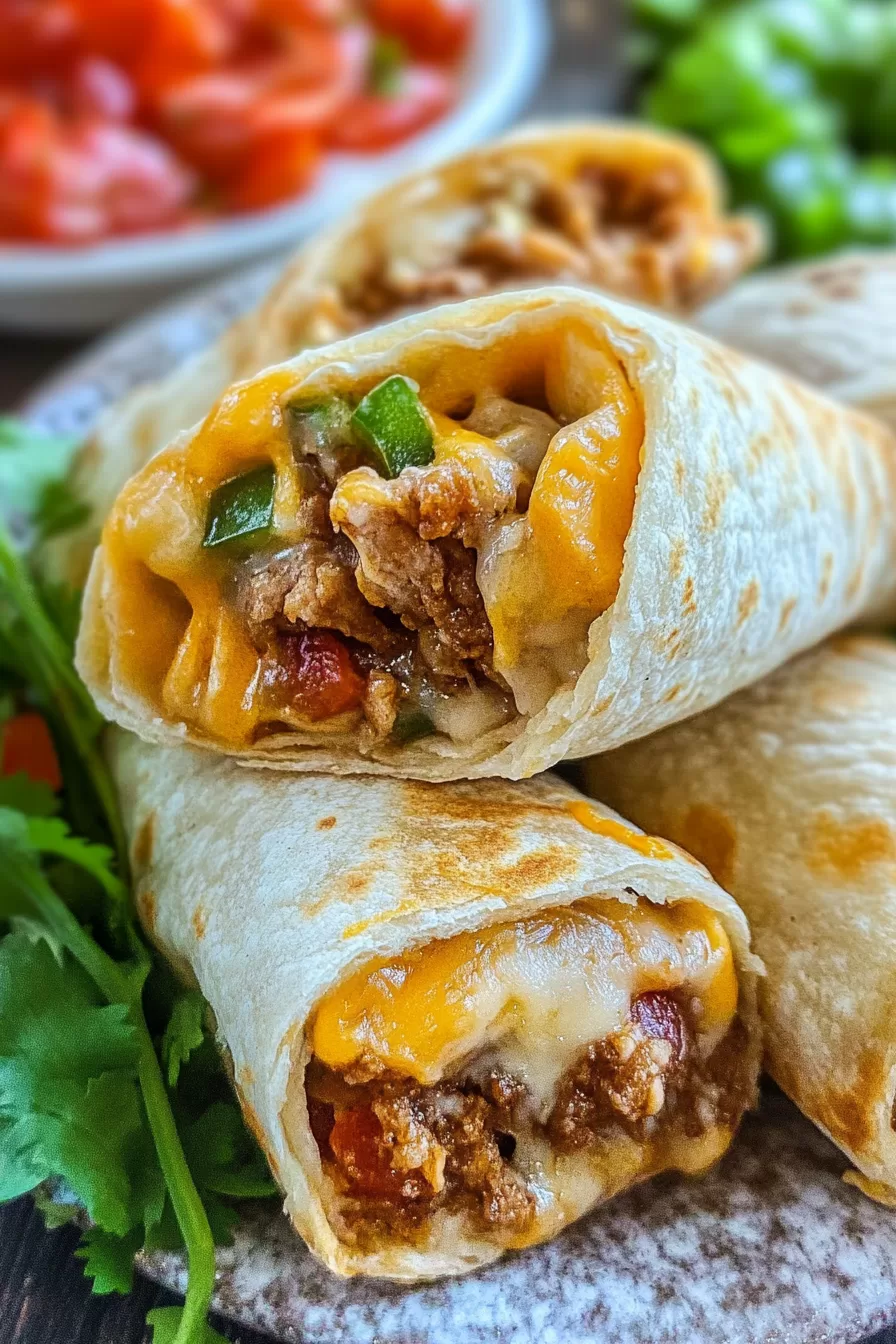 A stack of golden, grilled taco pockets filled with savory meat and gooey cheese, surrounded by fresh vegetables.