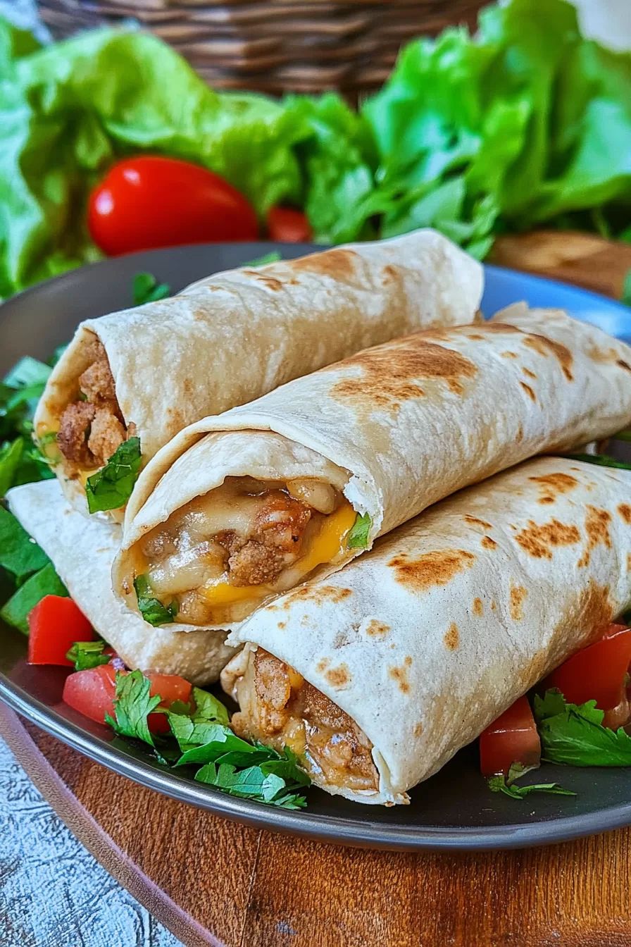 Loaded cheesy taco pockets garnished with vibrant cilantro and diced tomatoes, plated for a hearty meal.