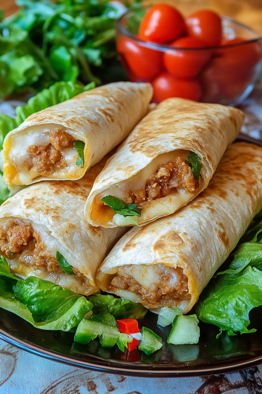 Cheesy taco pockets served on a platter with lettuce and cherry tomatoes, perfect for a quick, flavorful dinner.