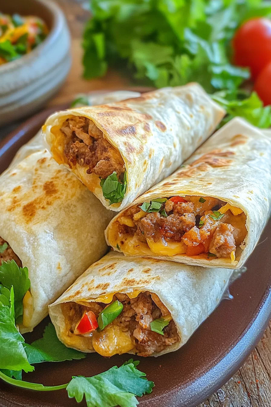 Taco pocket split open to reveal layers of seasoned beef, cheese, and peppers, paired with fresh salsa.