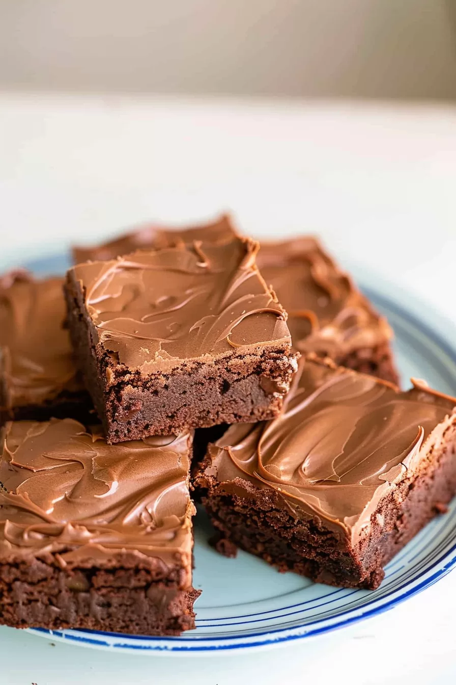 Thick and fudgy brownie square with a glossy chocolate frosting swirled on top, served on a plate.