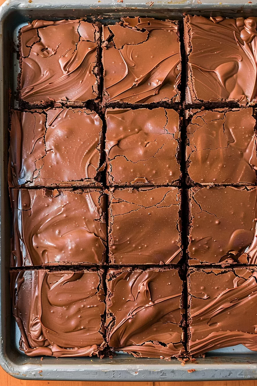 A baking pan filled with perfectly sliced chocolate brownies topped with creamy frosting.