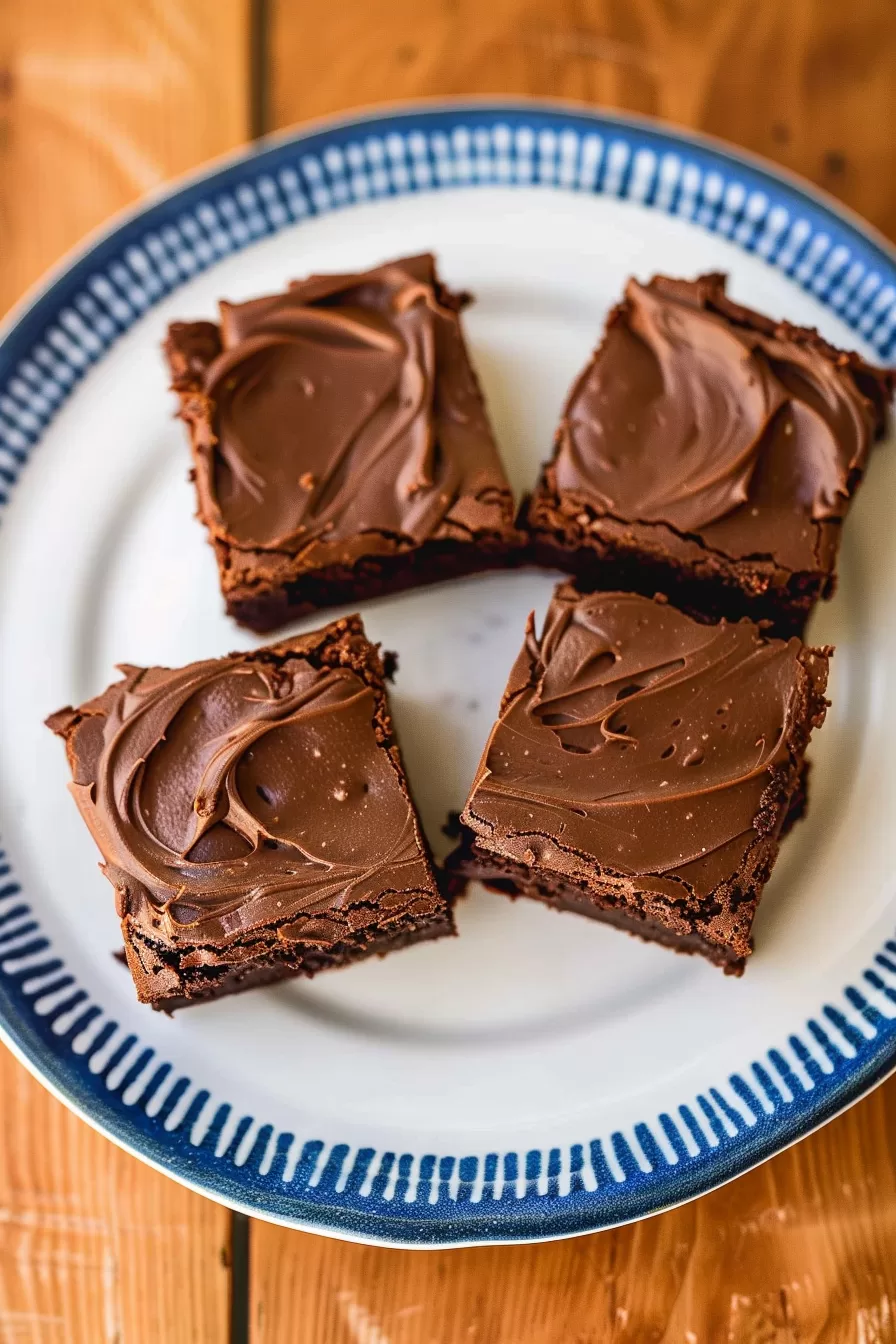 Four squares of chocolate brownies with smooth frosting arranged neatly on a patterned plate.