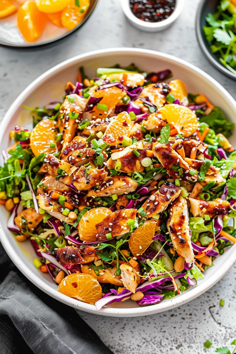 A vibrant bowl of Mandarin Orange Chicken Salad topped with fresh orange segments, sesame seeds, and grilled chicken, ready to serve.