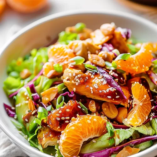 Close-up of Mandarin Orange Chicken Salad, featuring colorful cabbage, crisp greens, and juicy chicken glazed with a tangy dressing.