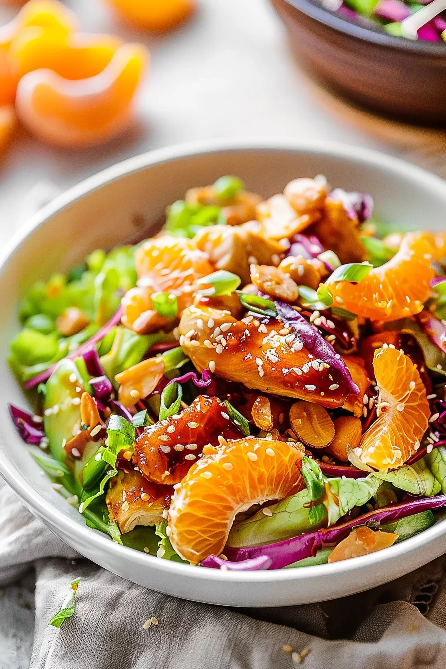 Close-up of Mandarin Orange Chicken Salad, featuring colorful cabbage, crisp greens, and juicy chicken glazed with a tangy dressing.