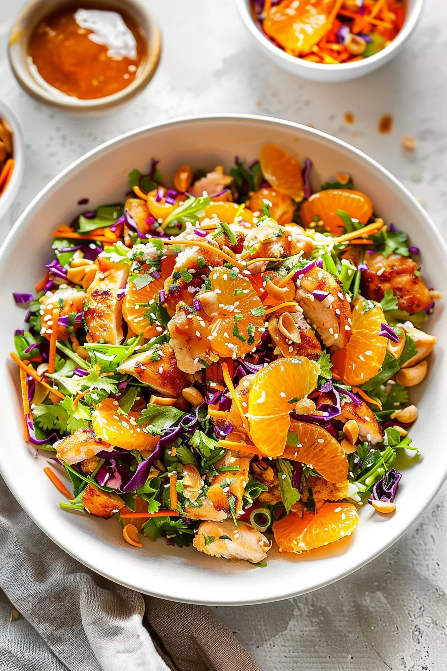 A serving of Mandarin Orange Chicken Salad with bright orange slices and sesame seeds on a bed of leafy greens, paired with a tangy dressing.