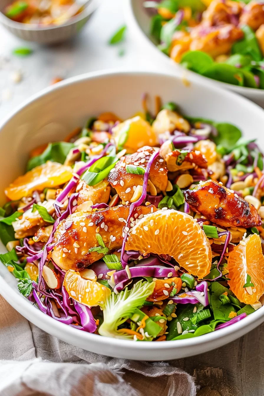 A plate of Mandarin Orange Chicken Salad showcasing a mix of vibrant ingredients, including grilled chicken and crunchy vegetables.