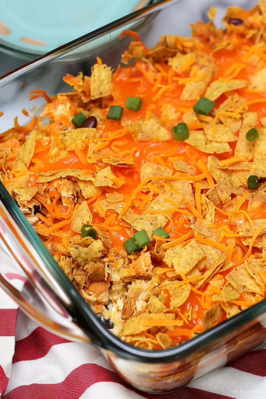 A close-up of a cheesy Mexican casserole topped with crushed Doritos and sliced green onions, baked to perfection in a glass dish.