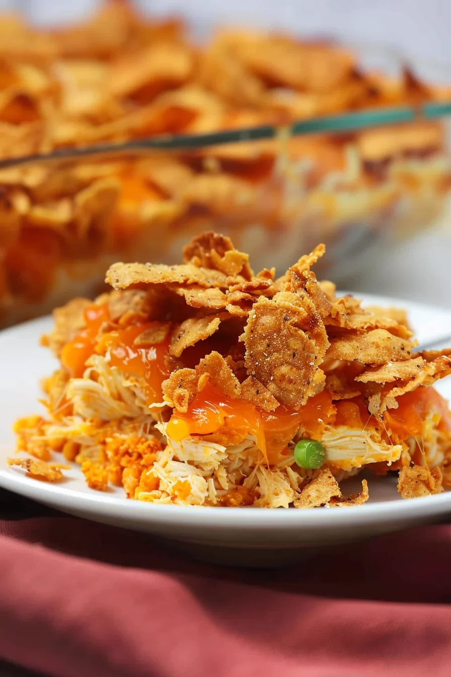 A hearty serving of Dorito chicken casserole on a white plate, highlighting the creamy layers of shredded chicken, cheese, and crispy chips.