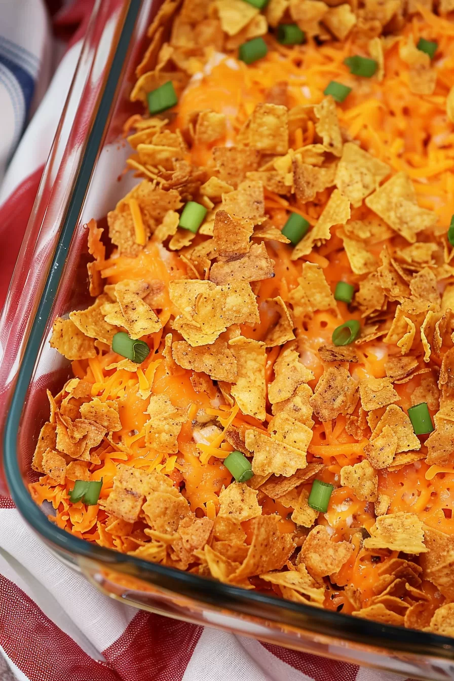 Top view of a casserole dish filled with colorful, cheesy Mexican-inspired chicken casserole, garnished with fresh green onions.