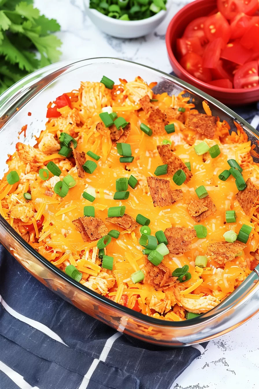 Bright and vibrant casserole featuring layers of chicken, melted cheese, and a crispy topping of crushed nacho chips.