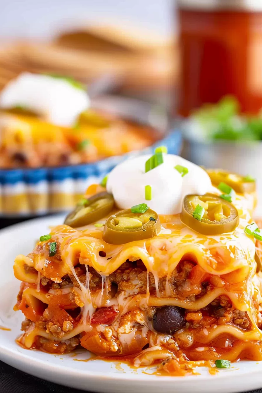 A close-up of a layered Mexican lasagna topped with melted cheese, jalapeño slices, and sour cream.