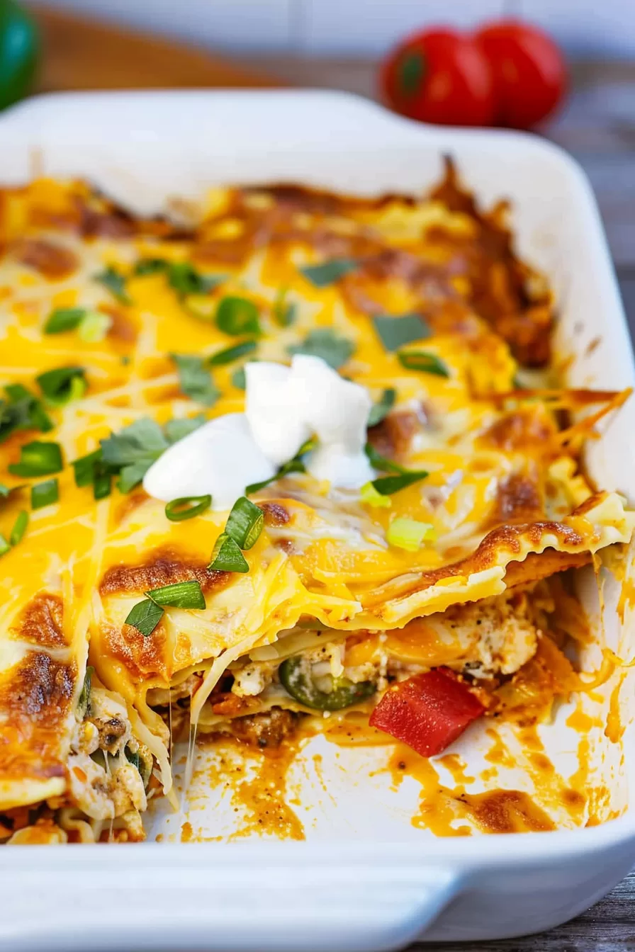 A baking dish filled with colorful Mexican lasagna featuring vibrant toppings like diced tomatoes and green onions.