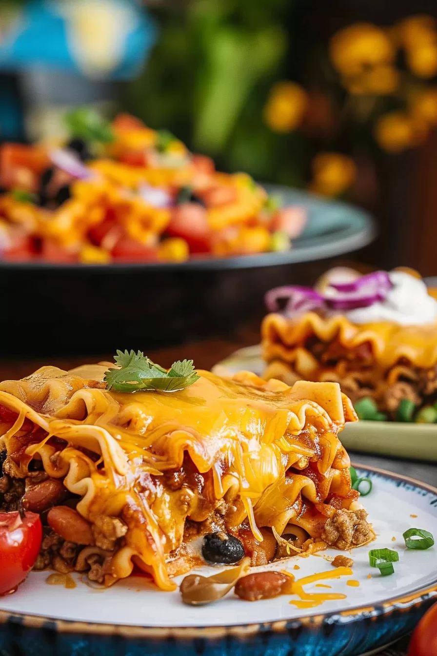 A serving of cheesy Mexican lasagna on a plate, highlighting its hearty layers of beef, beans, and tortillas.